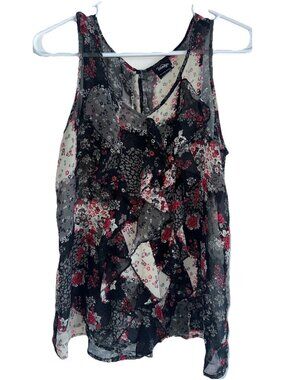 Y2K VTG Vanity Womens Sheer Tank Top Sz M Black Red Floral Ruffle Whimsygoth